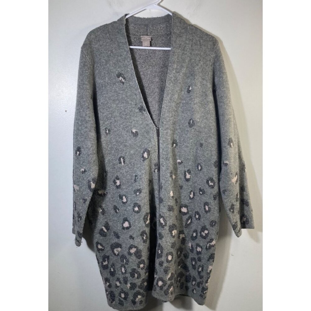 Womens Chicos Wool‎ Blend Zip Cardigan Animal Print Gray Pink Metallic L
